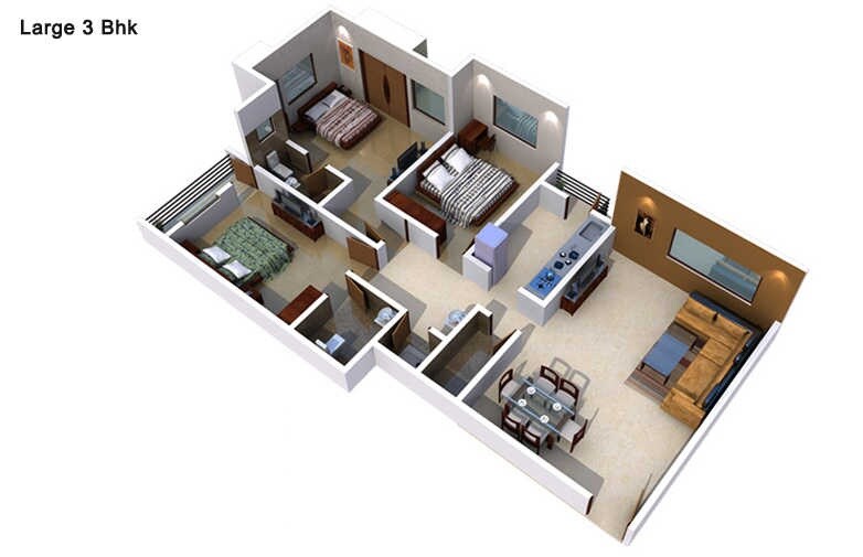 Floor plan of 3 BHK 1485 Sq. Ft. Apartment in Mayuresh Eco Eden City, Palghar