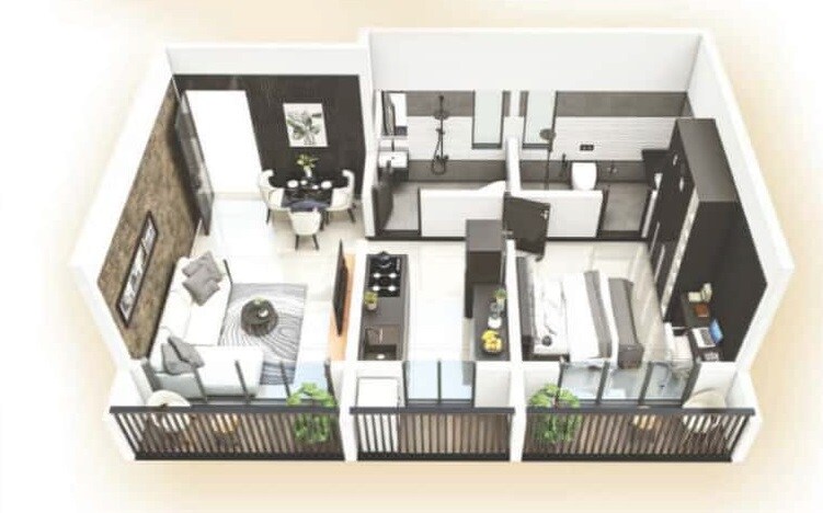 Floor plan of 1 BHK 397 Sq. Ft. Apartment in Mhatre Vasudev Gardenia, Palghar