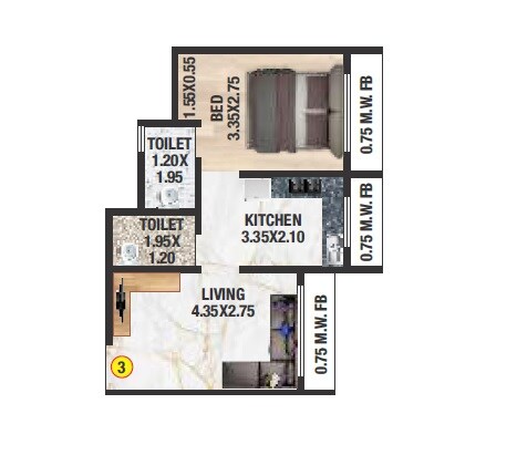 Floor plan of 1 BHK 288 Sq. Ft. Apartment in MM Hayaat Reliable, Palghar