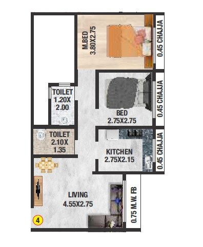 Floor plan of 2 BHK 441 Sq. Ft. Apartment in MM Hayaat Reliable, Palghar