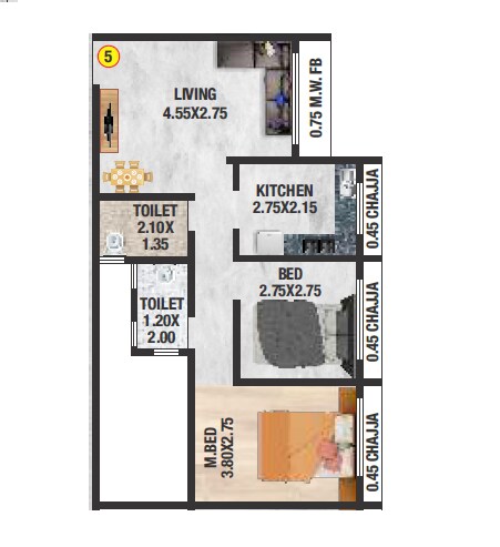 Floor plan of 2 BHK 443 Sq. Ft. Apartment in MM Hayaat Reliable, Palghar