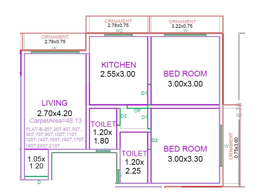 Floor plan of 2 BHK 518 Sq. Ft. Apartment in Mrida Innovista Homes, Palghar