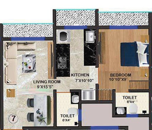 Floor plan of 1 BHK 340 Sq. Ft. Apartment in Mukundan Astria, Palghar