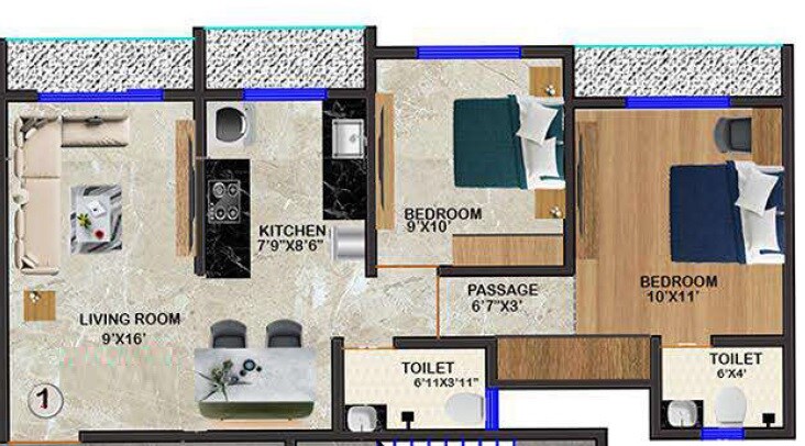 Floor plan of 2 BHK 602 Sq. Ft. Apartment in Mukundan Astria, Palghar