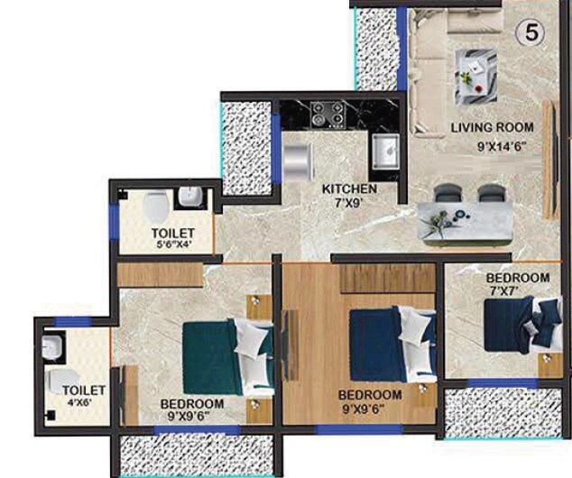 Floor plan of 3 BHK 750 Sq. Ft. Apartment in Mukundan Astria, Palghar