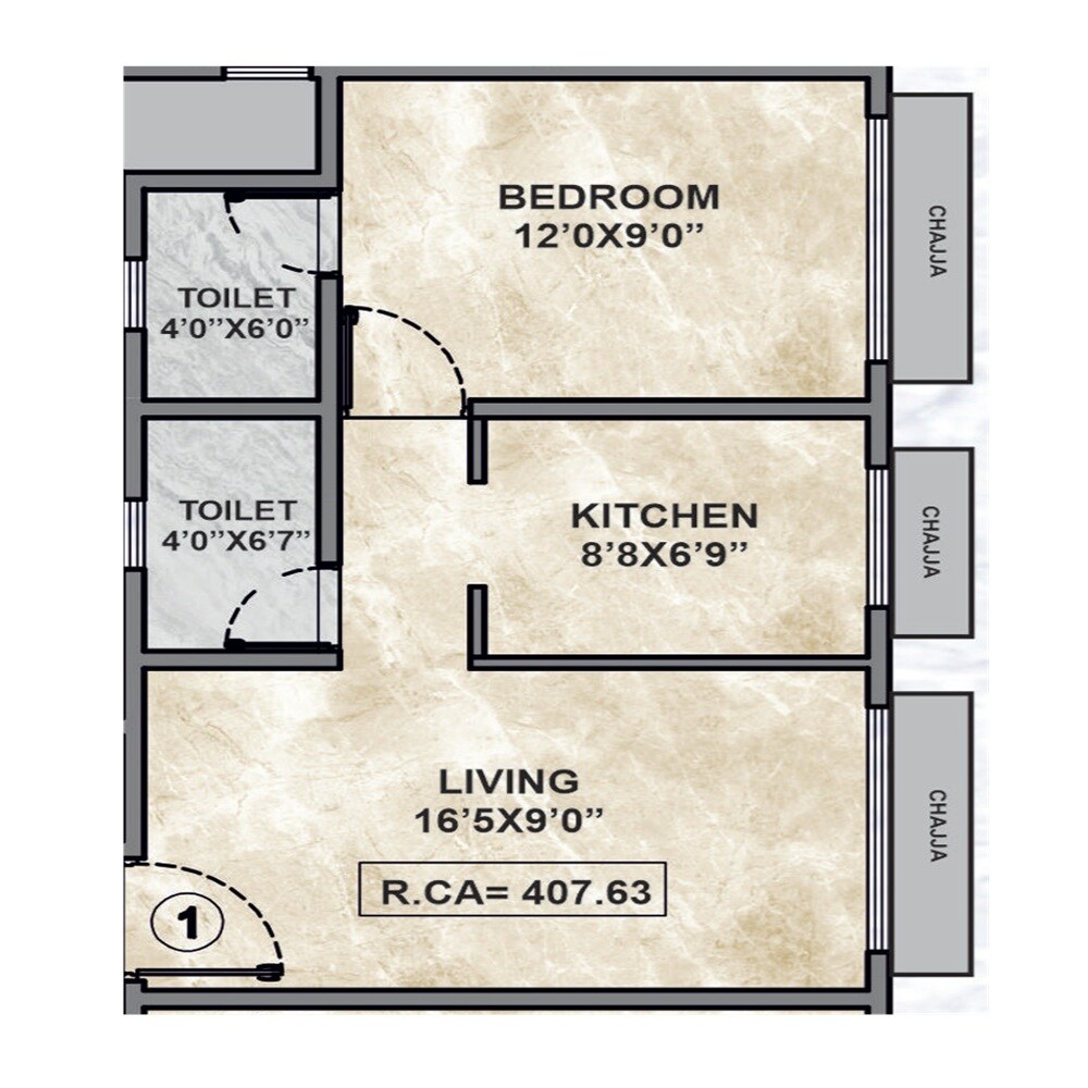 1 BHK 407 Sq. Ft. Apartment