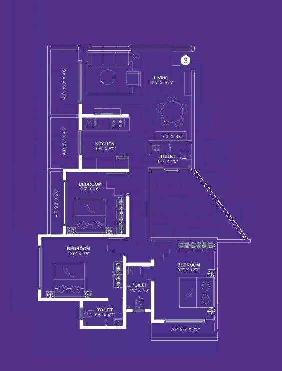 Floor plan of 3 BHK 756 Sq. Ft. Apartment in Nakshatra Prithvi, Palghar