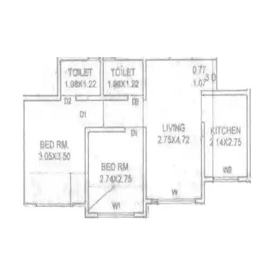 Floor plan of 2 BHK 517 Sq. Ft. Apartment in Narayan Bhoomi, Palghar