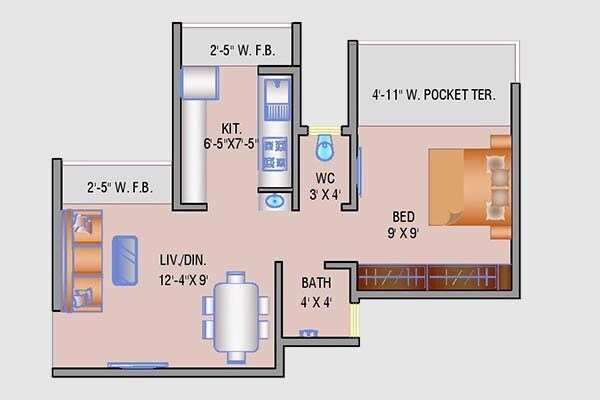 Floor plan of 1 BHK 369 Sq. Ft. Apartment in Navkar City, Palghar