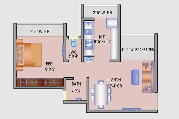 Floor plan of 1 BHK 306 Sq. Ft. Apartment in Navkar City Phase II, Palghar