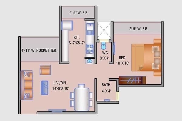 Floor plan of 1 BHK 369 Sq. Ft. Apartment in Navkar City Phase II, Palghar