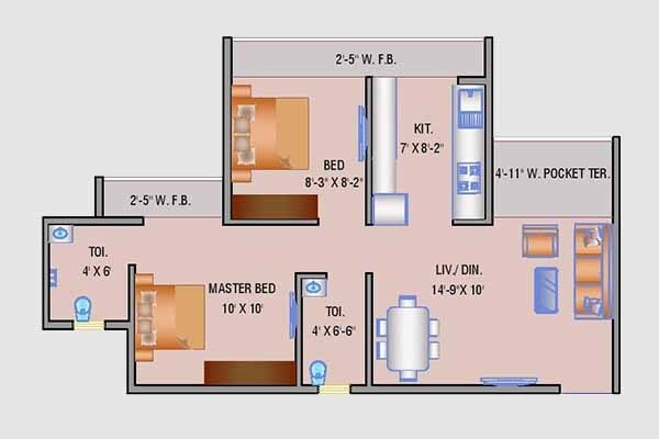 Floor plan of 2 BHK 548 Sq. Ft. Apartment in Navkar City Phase II, Palghar