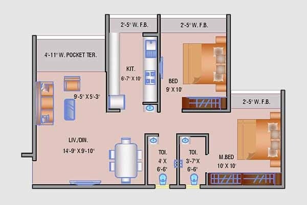Floor plan of 2 BHK 638 Sq. Ft. Apartment in Navkar City Phase II, Palghar