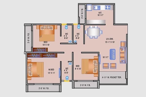 Floor plan of 3 BHK 890 Sq. Ft. Apartment in Navkar City Phase II, Palghar