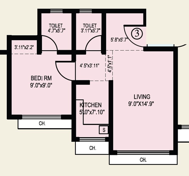 Floor plan of 1 BHK 388 Sq. Ft. Apartment in Neelyog Aawas, Palghar