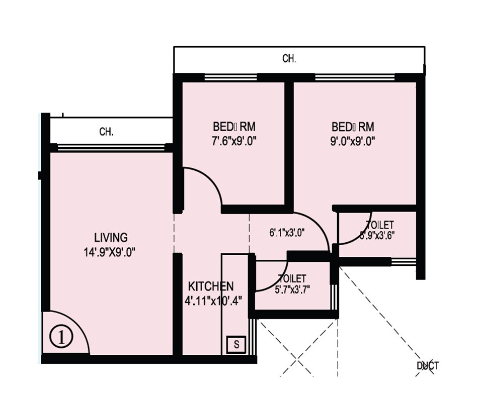 Floor plan of 2 BHK 417 Sq. Ft. Apartment in Neelyog Aawas, Palghar