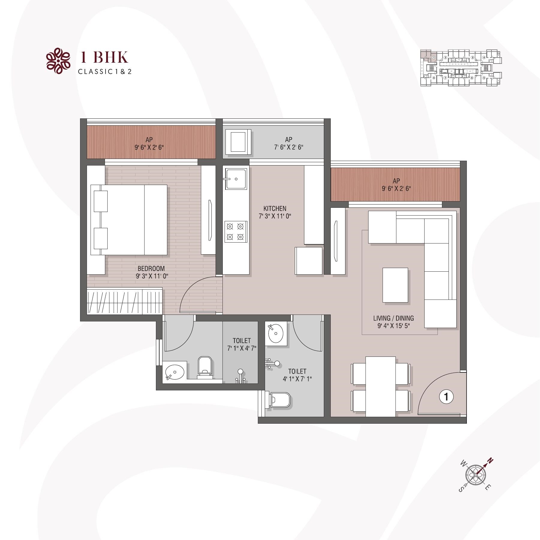 Floor plan of 1 BHK 315 Sq. Ft. Apartment in Neminath Evara, Palghar