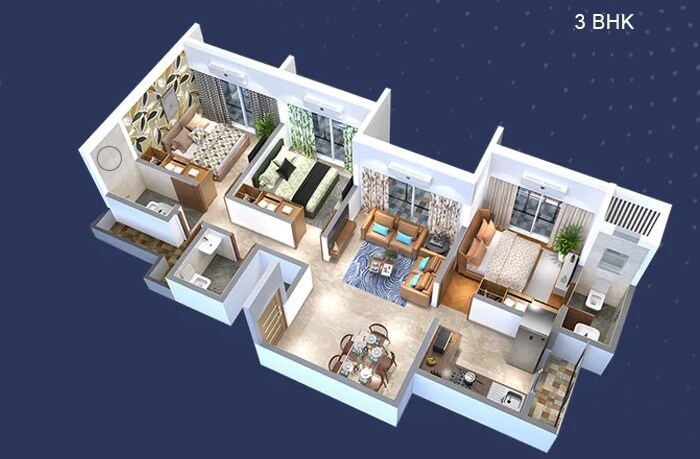 Floor plan of 3 BHK 534 Sq. Ft. Apartment in Nine Ramayan, Palghar