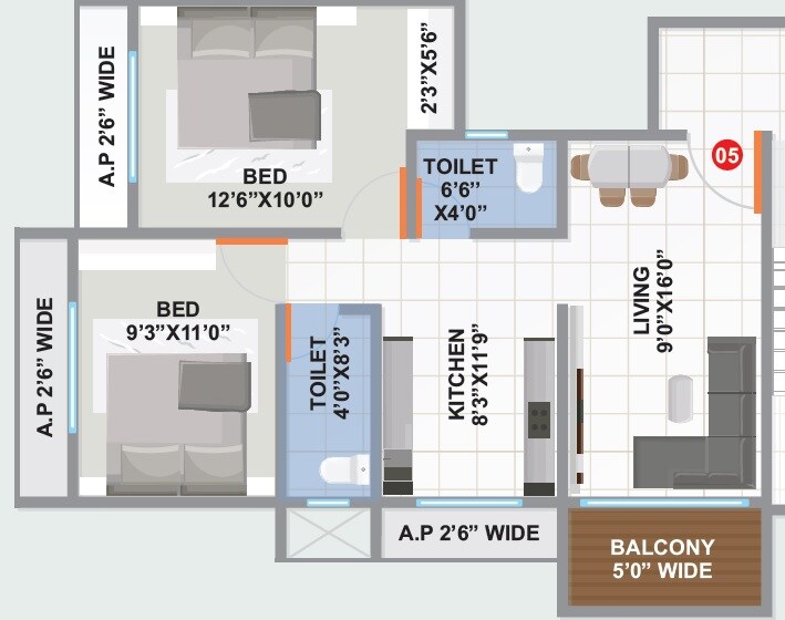 Floor plan of 2 BHK 565 Sq. Ft. Apartment in Nine SK Heights, Palghar