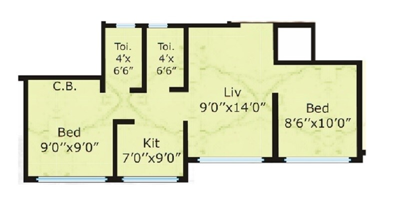 Floor plan of 2 BHK 409 Sq. Ft. Apartment in Nine Star Pride 1, Palghar