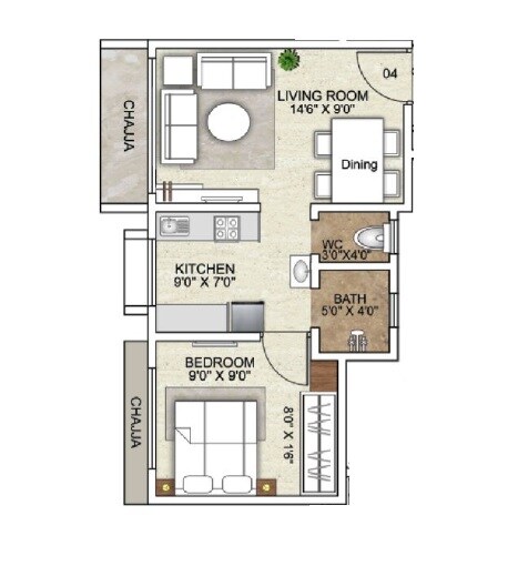 Floor plan of 1 BHK 304 Sq. Ft. Apartment in NS Narayan Heights, Palghar