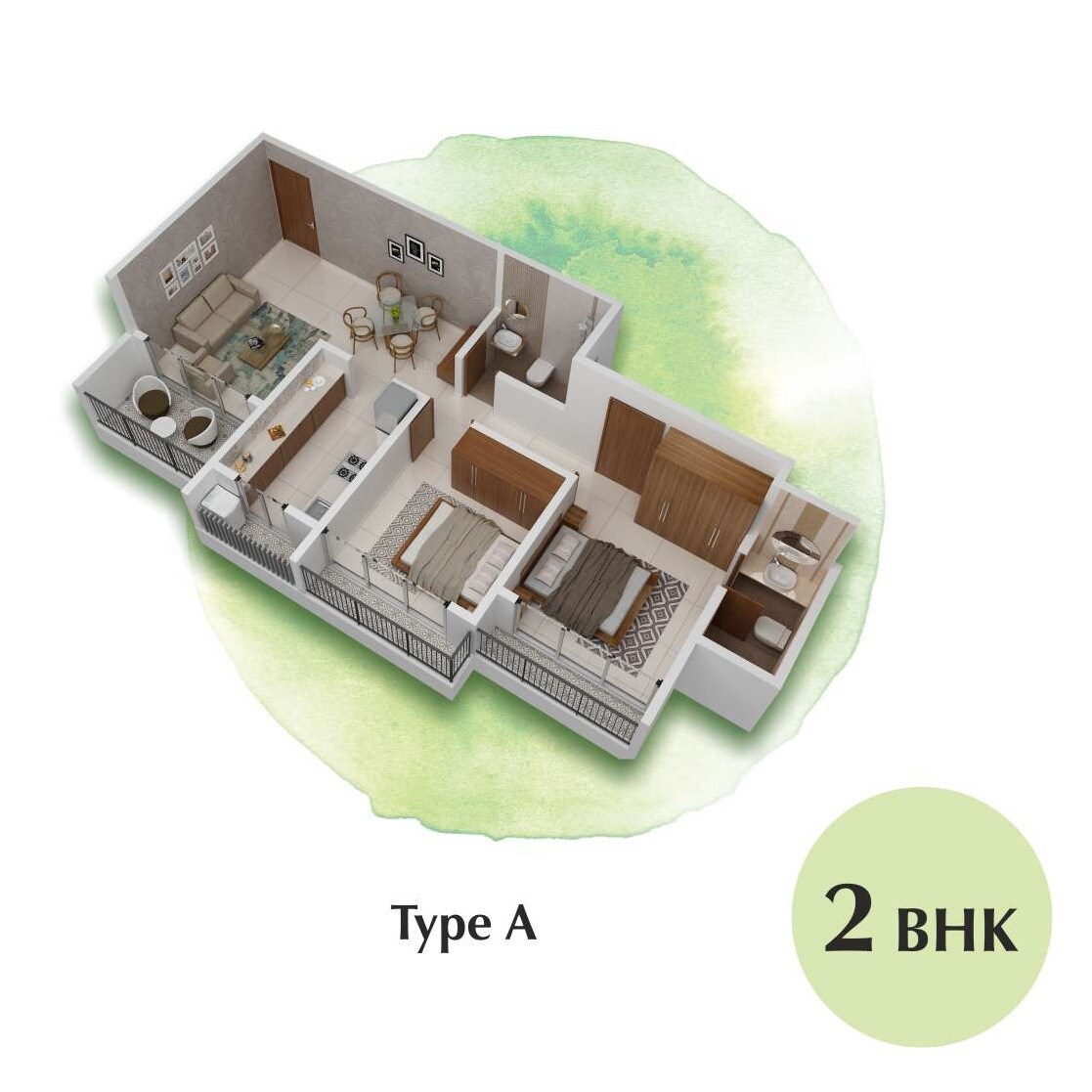 Floor plan of 2 BHK 569 Sq. Ft. Apartment in Oasis Elysian, Palghar
