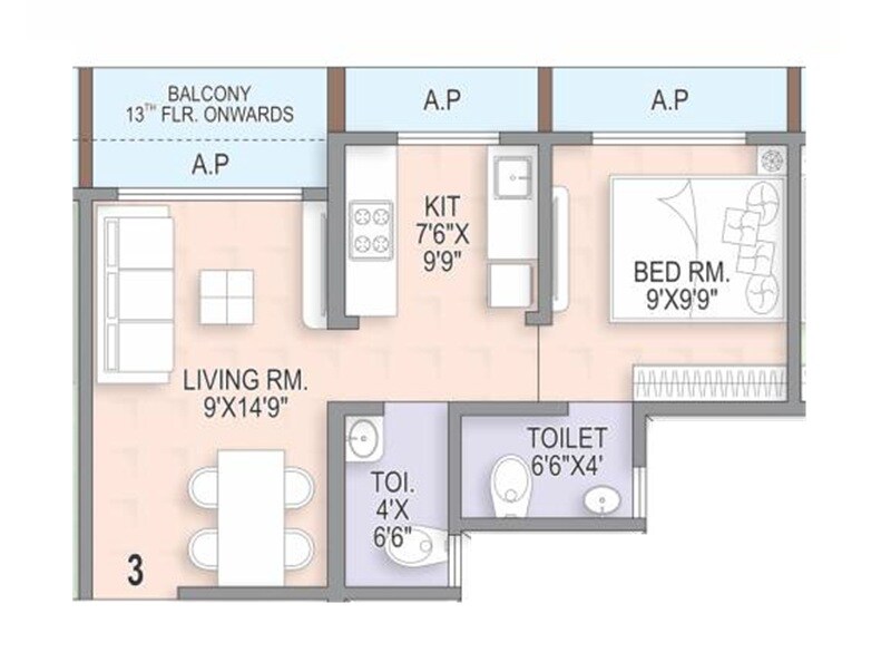 Floor plan of 1 BHK 282 Sq. Ft. Apartment in Om Dattachhaya, Palghar