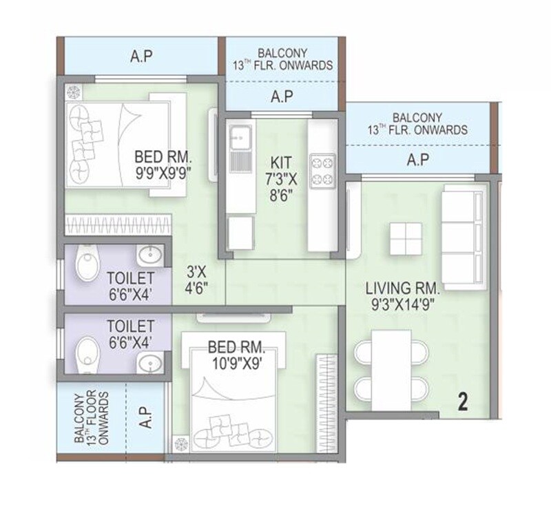 Floor plan of 2 BHK 1087 Sq. Ft. Apartment in Om Dattachhaya, Palghar