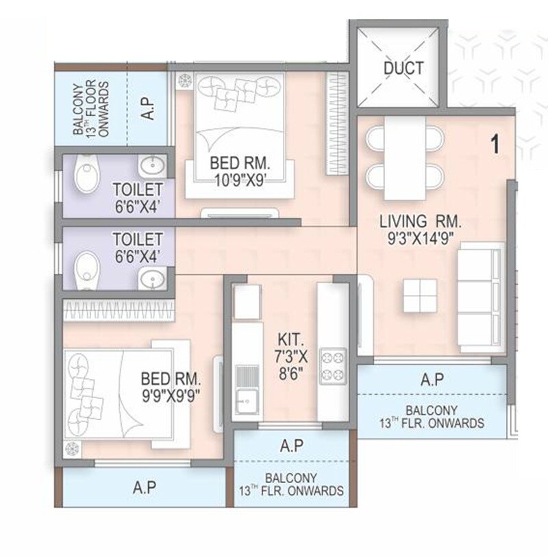 Floor plan of 2 BHK 591 Sq. Ft. Apartment in Om Dattachhaya, Palghar