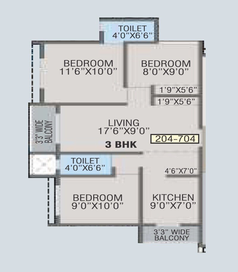 Floor plan of 3 BHK 718 Sq. Ft. Apartment in Om Fair Township, Palghar