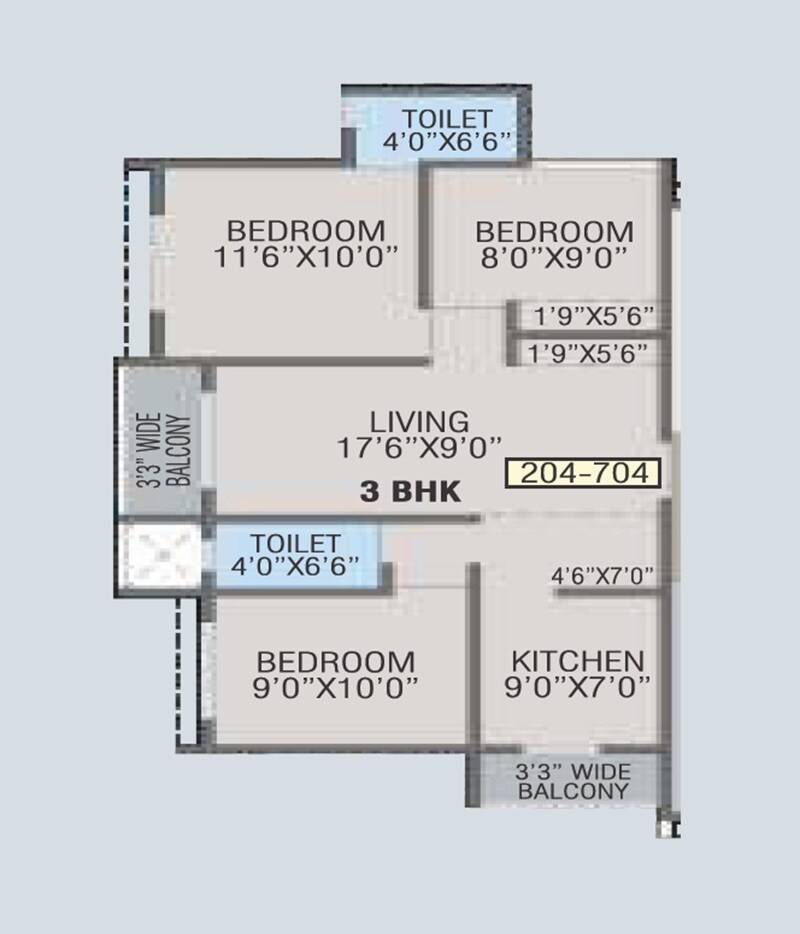 Floor plan of 3 BHK 839 Sq. Ft. Apartment in Om Fair Township, Palghar