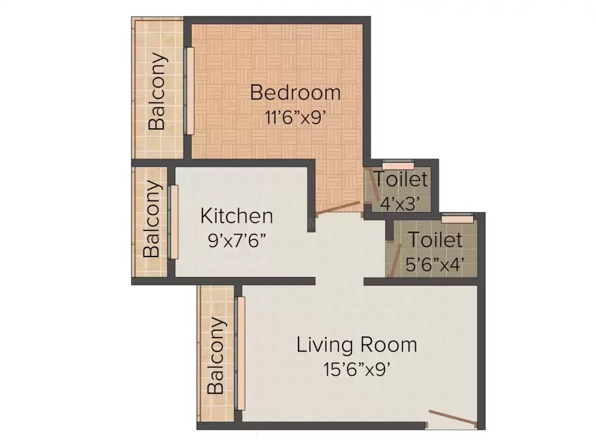Floor plan of 1 BHK 570 Sq. Ft. Apartment in Om Swami Samartha Avdhut Apartment, Palghar