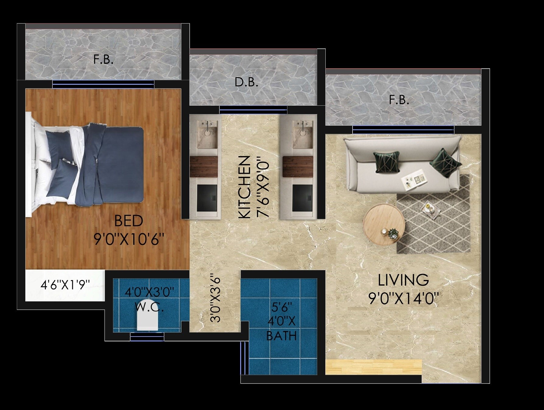 Floor plan of 1 BHK 385 Sq. Ft. Apartment in Omaar Heights, Palghar