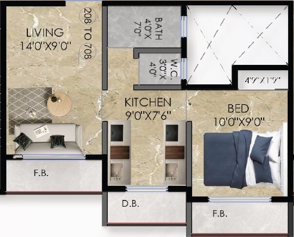 Floor plan of 1 BHK 373 Sq. Ft. Apartment in Omaar Heights, Palghar