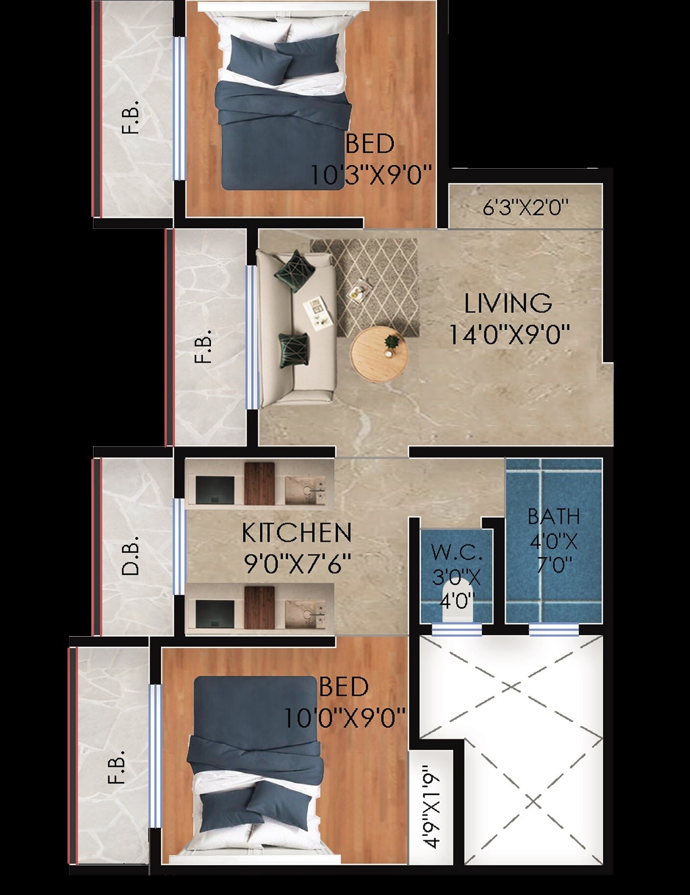 Floor plan of 2 BHK 488 Sq. Ft. Apartment in Omaar Heights, Palghar