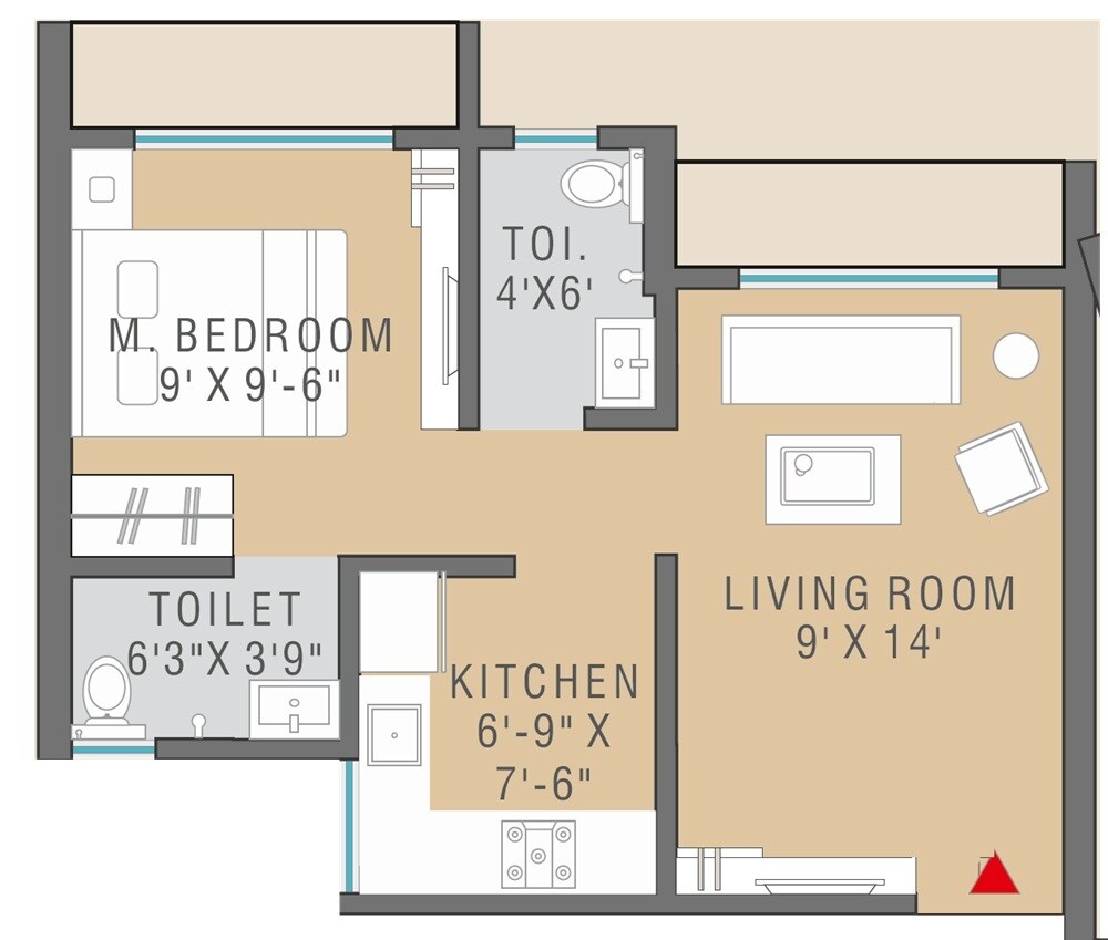 Floor plan of 1 BHK 352 Sq. Ft. Apartment in Omkar Laxmi Lifestyle, Palghar