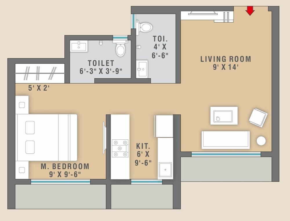 Floor plan of 1 BHK 415 Sq. Ft. Apartment in Omkar Laxmi Lifestyle, Palghar
