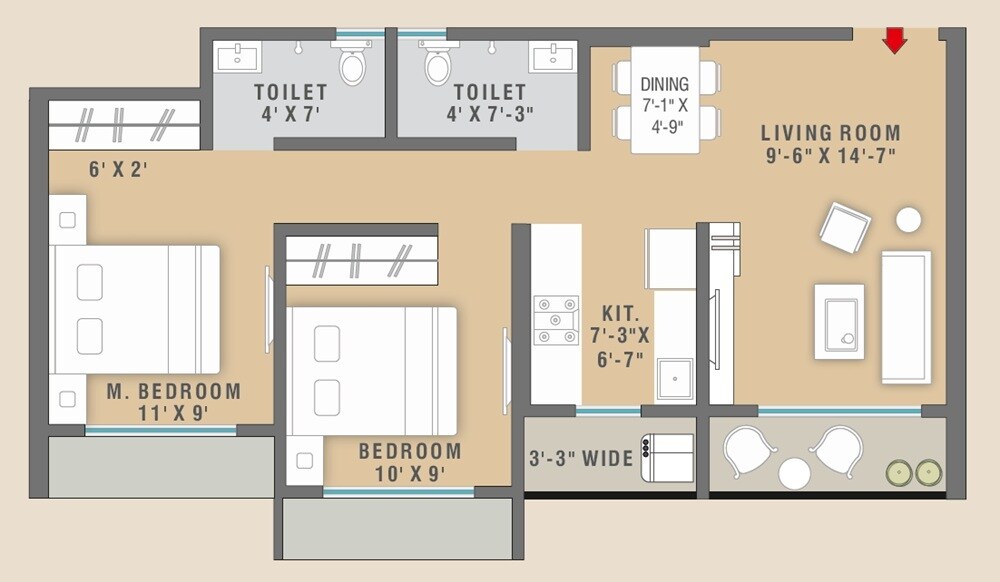 Floor plan of 2 BHK 580 Sq. Ft. Apartment in Omkar Laxmi Lifestyle, Palghar