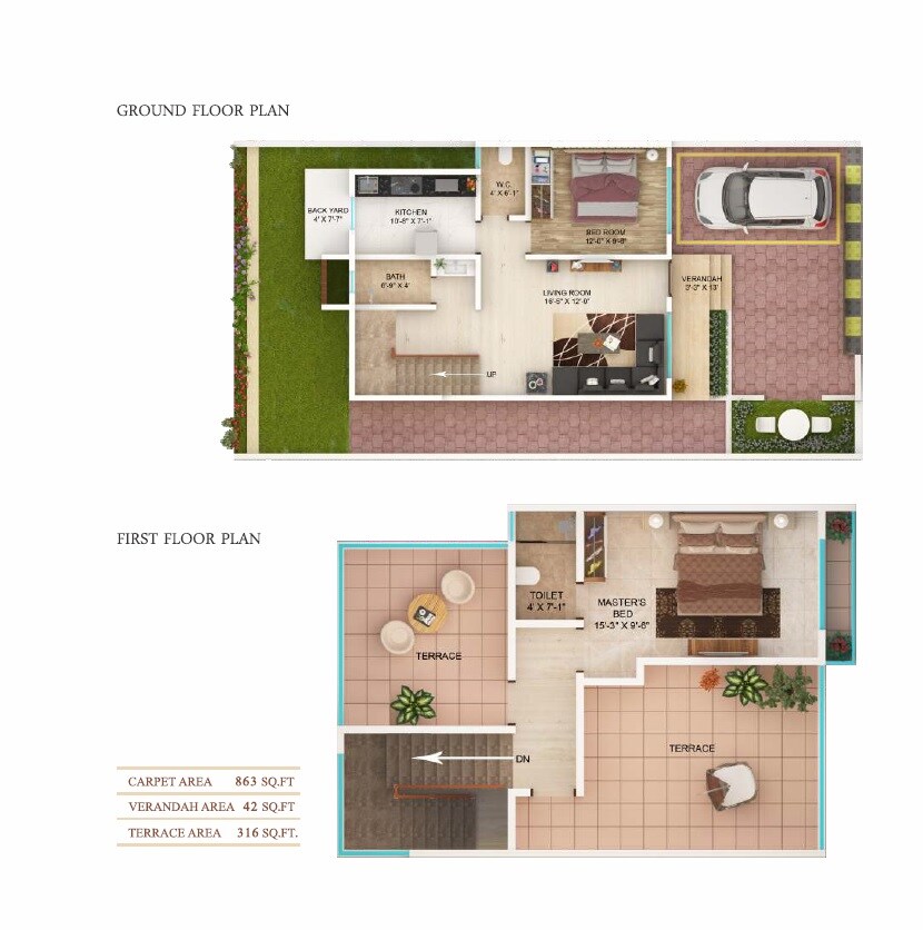 Floor plan of 2 BHK Villa - 863 sq. ft. in Omkar Yashwant Datt Greens, Palghar