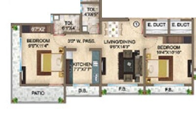 Floor plan of 2 BHK 900 Sq. Ft. Apartment in Ornate Enclave, Palghar