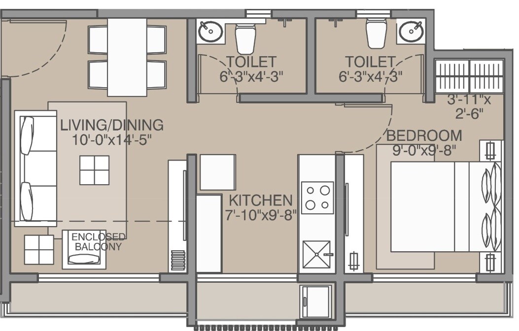 Floor plan of 1 BHK 351 Sq. Ft. Apartment in Ornate Heights Phase 2, Palghar