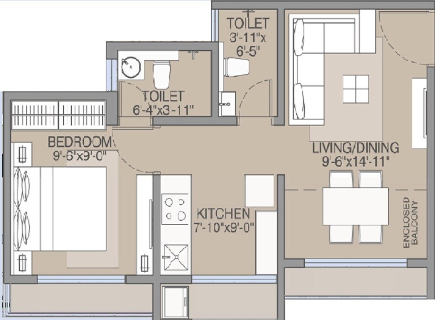 Floor plan of 1 BHK 356 Sq. Ft. Apartment in Ornate Heights Phase 2, Palghar