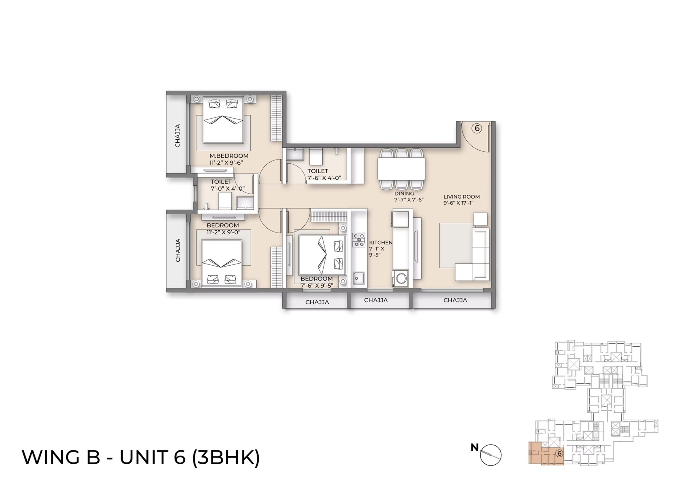 Floor plan of 3 BHK 810 Sq. Ft. Apartment in Ornate Serenity, Palghar