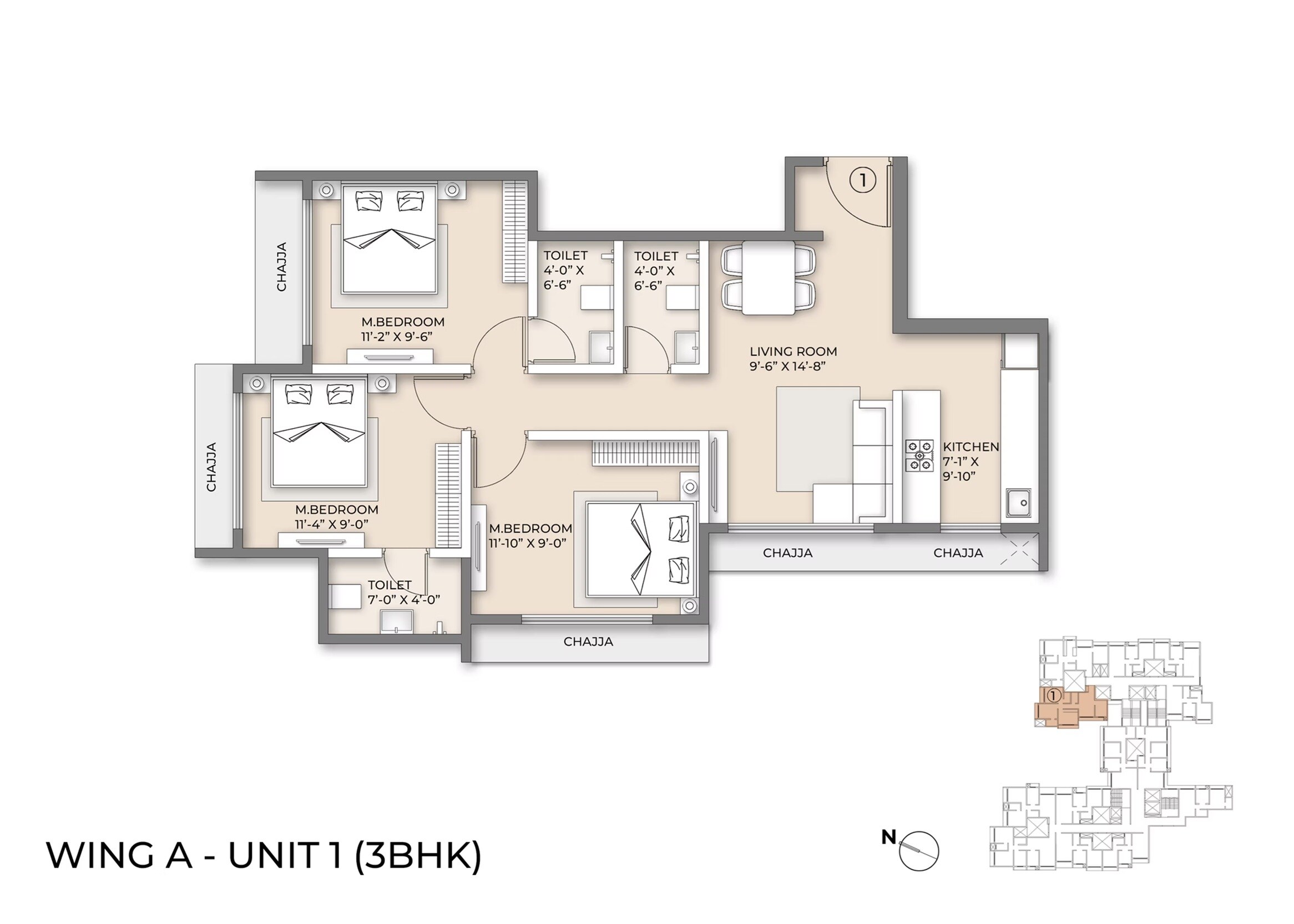 Floor plan of 3 BHK 835 Sq. Ft. Apartment in Ornate Serenity, Palghar