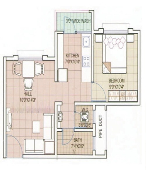 Floor plan of 1 BHK 308 Sq. Ft. Apartment in Ostwal Wonder City, Palghar