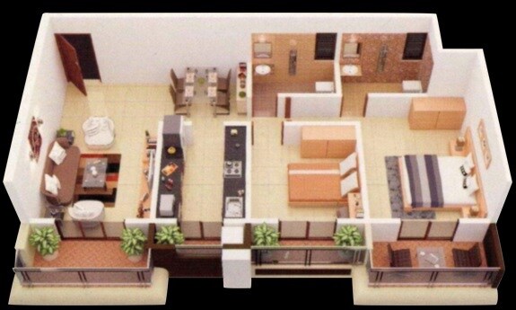 Floor plan of 2 BHK 670 Sq. Ft. Apartment in Pam Solitaire Castle, Palghar