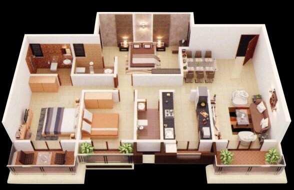 Floor plan of 3 BHK 907 Sq. Ft. Apartment in Pam Solitaire Castle, Palghar