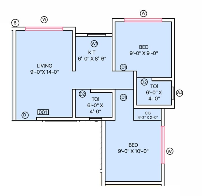 Floor plan of 2 BHK 589 Sq. Ft. Apartment in Parshv Pearl, Palghar