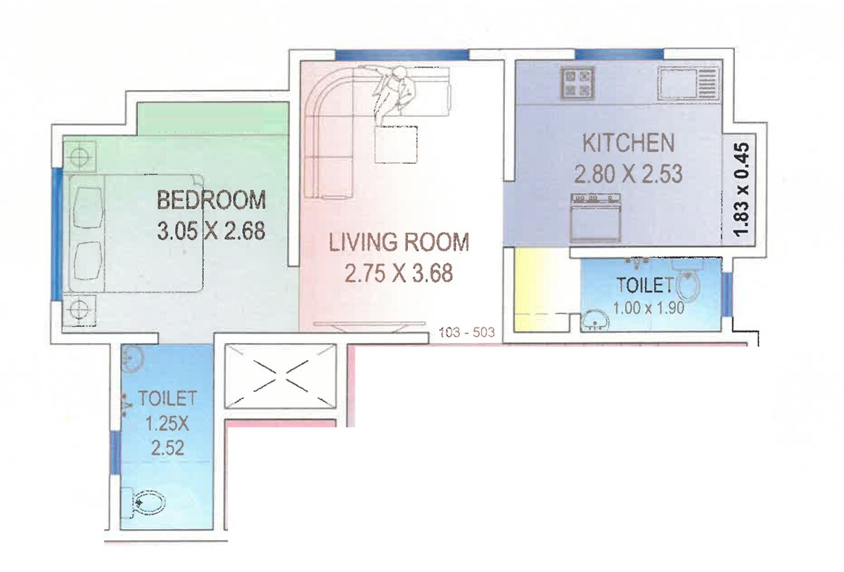 Floor plan of 1 BHK 356 Sq. Ft. Apartment in Parshva Residency, Palghar