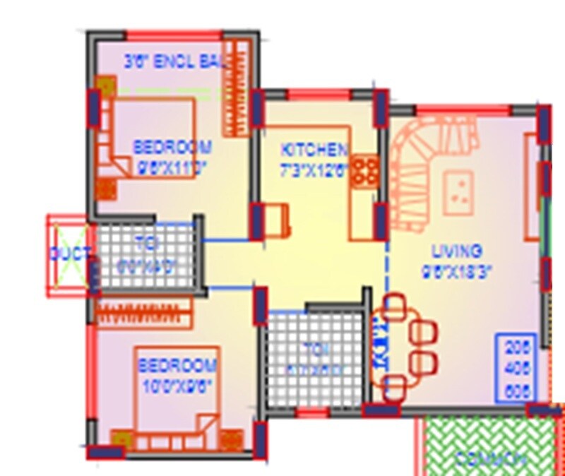 Floor plan of 2 BHK 563 Sq. Ft. Apartment in Parshva Shreepati Mahera, Palghar